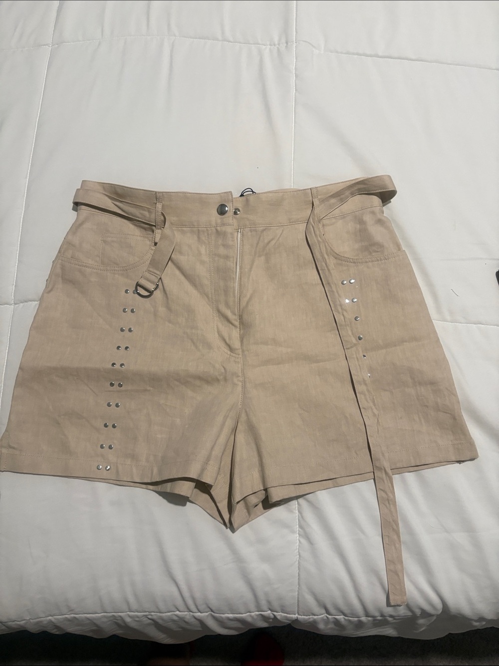 IRO Taupe High-Waist Studded Belted Shorts